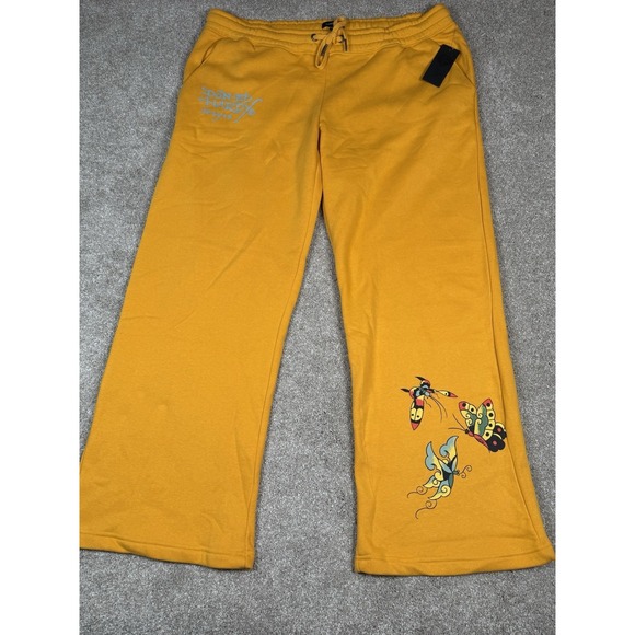 Ed Hardy Pants - Ed Hardy Mustard Yellow Wide Leg Sweatpants with Butterfly Graphics